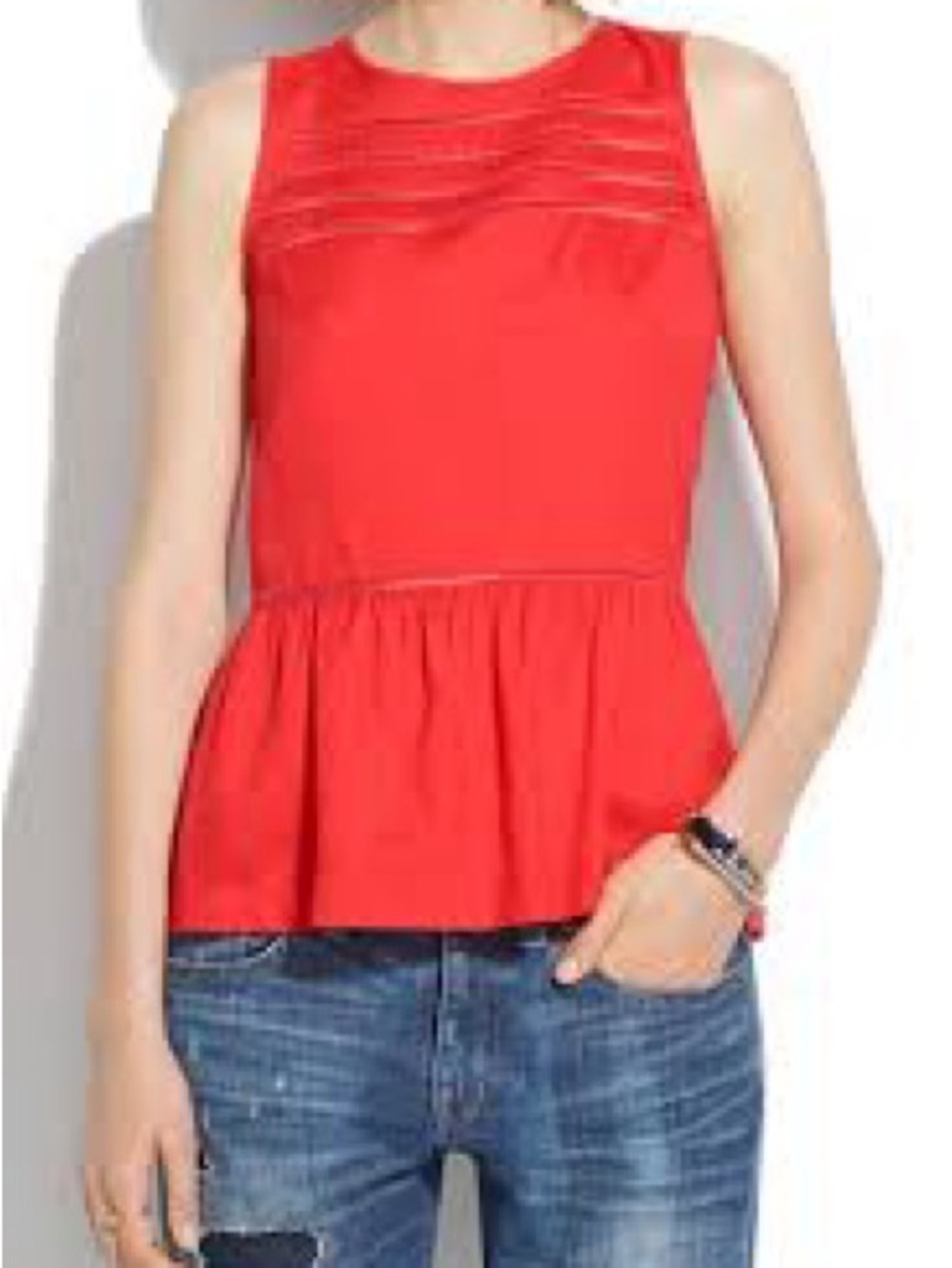 Madewell Red Silk Sleeveless Peplum Top with Pintuck Detail
